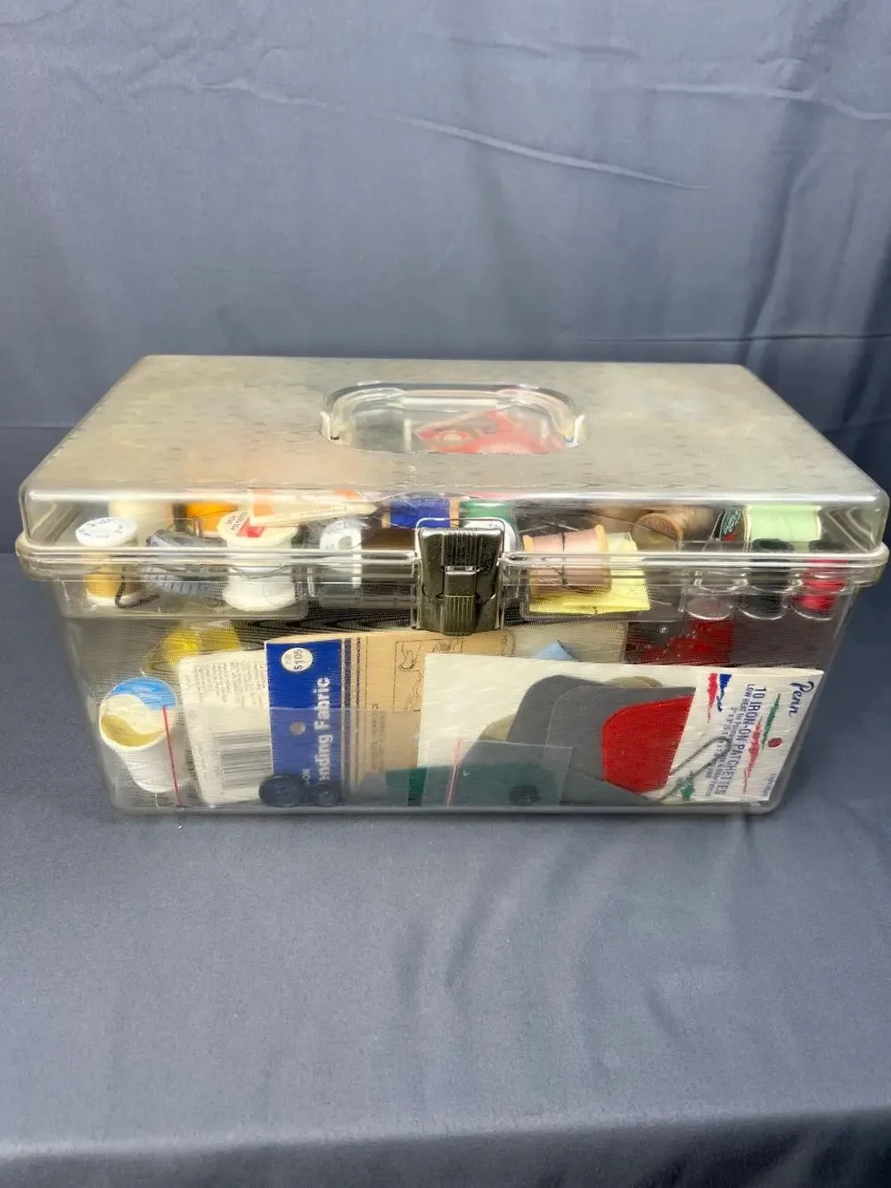 Vtg Clear MCM Sewing Box Filled with Buttons Thread Sewing Items